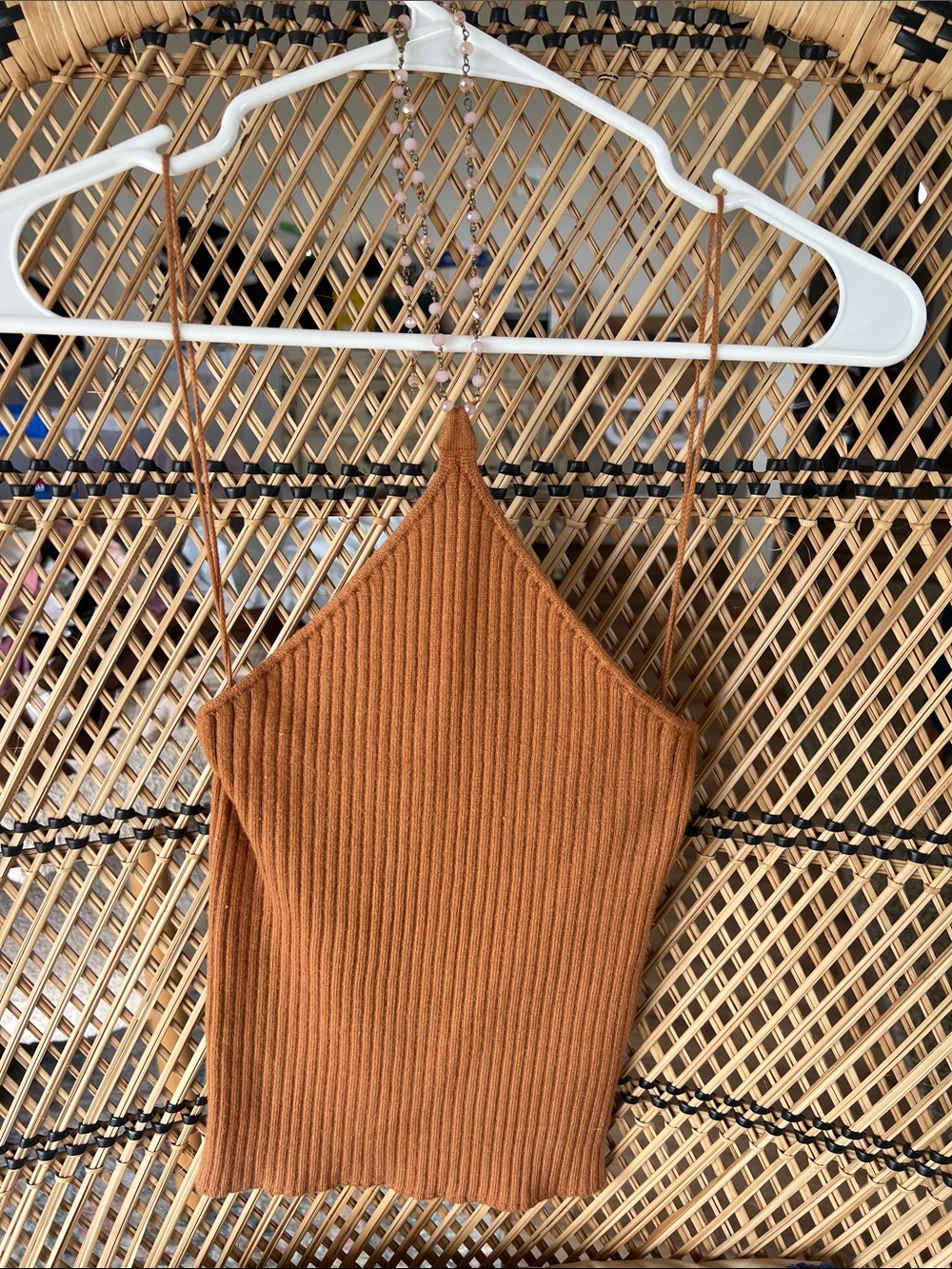 Heartloom Ribbed Halter Crop Top in Warm Brown